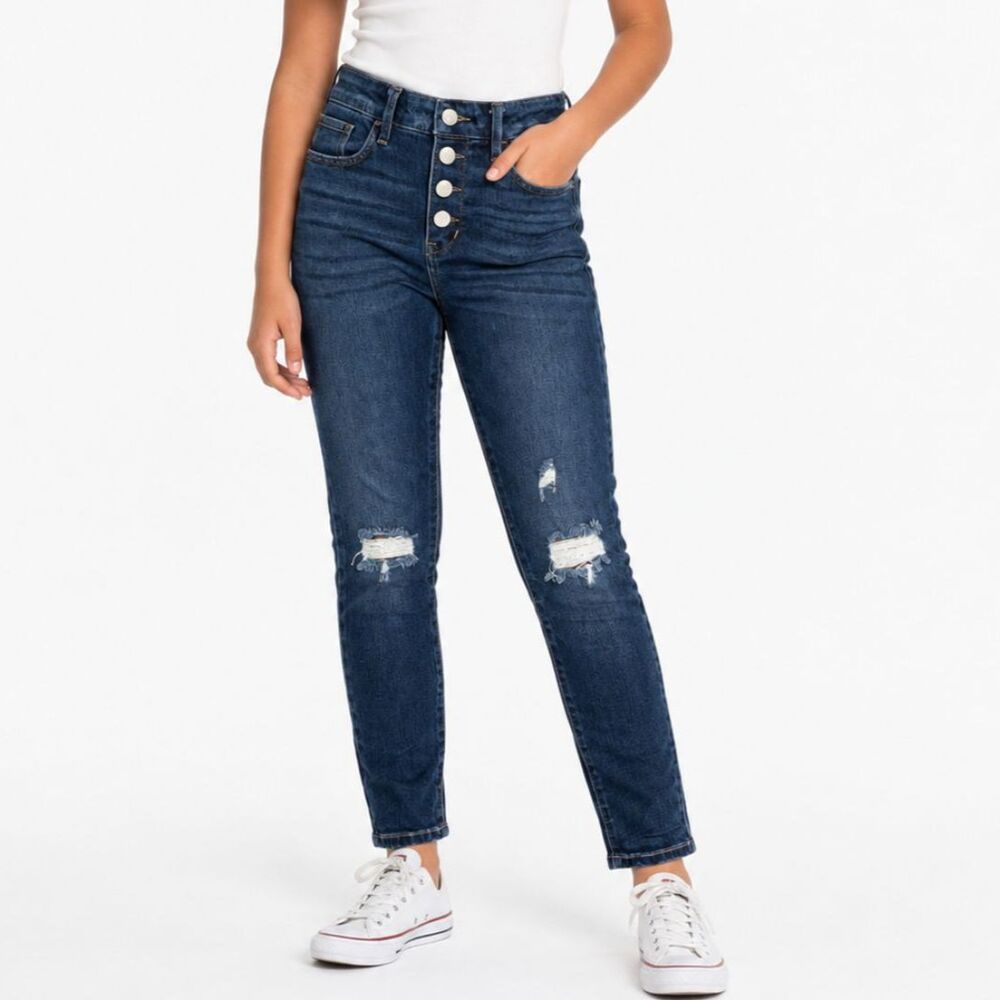 KanCan Signature High Rise Skinny Button Fly Distressed Girls Jeans Size 16
